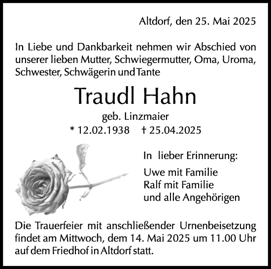 Traueranzeige von Traudl Hahn von Kreiszeitung Böblinger Bote