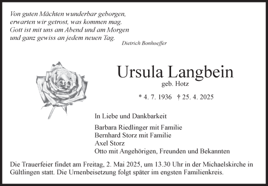 Traueranzeige von Ursula Langbein von Kreiszeitung Böblinger Bote