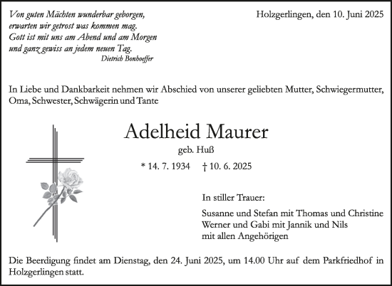 Traueranzeige von Adelheid Maurer von Kreiszeitung Böblinger Bote