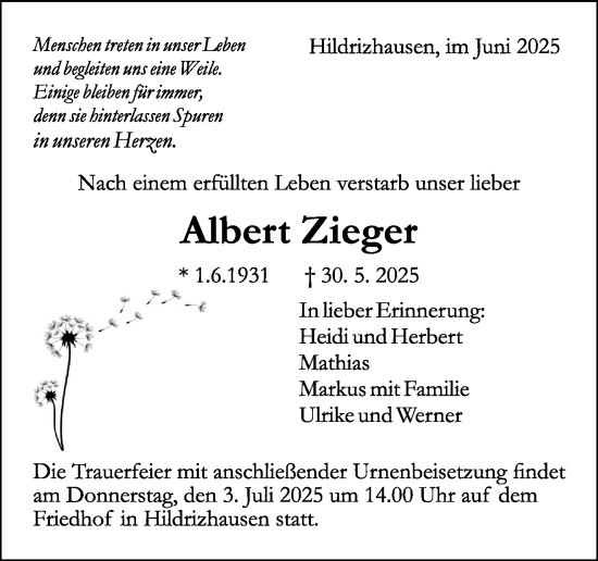 Traueranzeige von Albert Zieger von Kreiszeitung Böblinger Bote