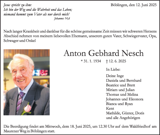 Traueranzeige von Anton Gebhard von Kreiszeitung Böblinger Bote