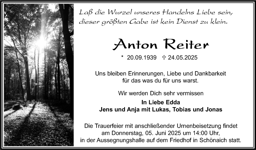  Traueranzeige für Anton Reiter vom 02.06.2025 aus Kreiszeitung Böblinger Bote