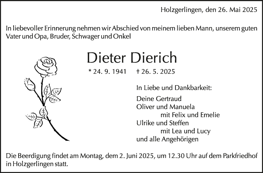  Traueranzeige für Dieter Dierich vom 31.05.2025 aus Kreiszeitung Böblinger Bote