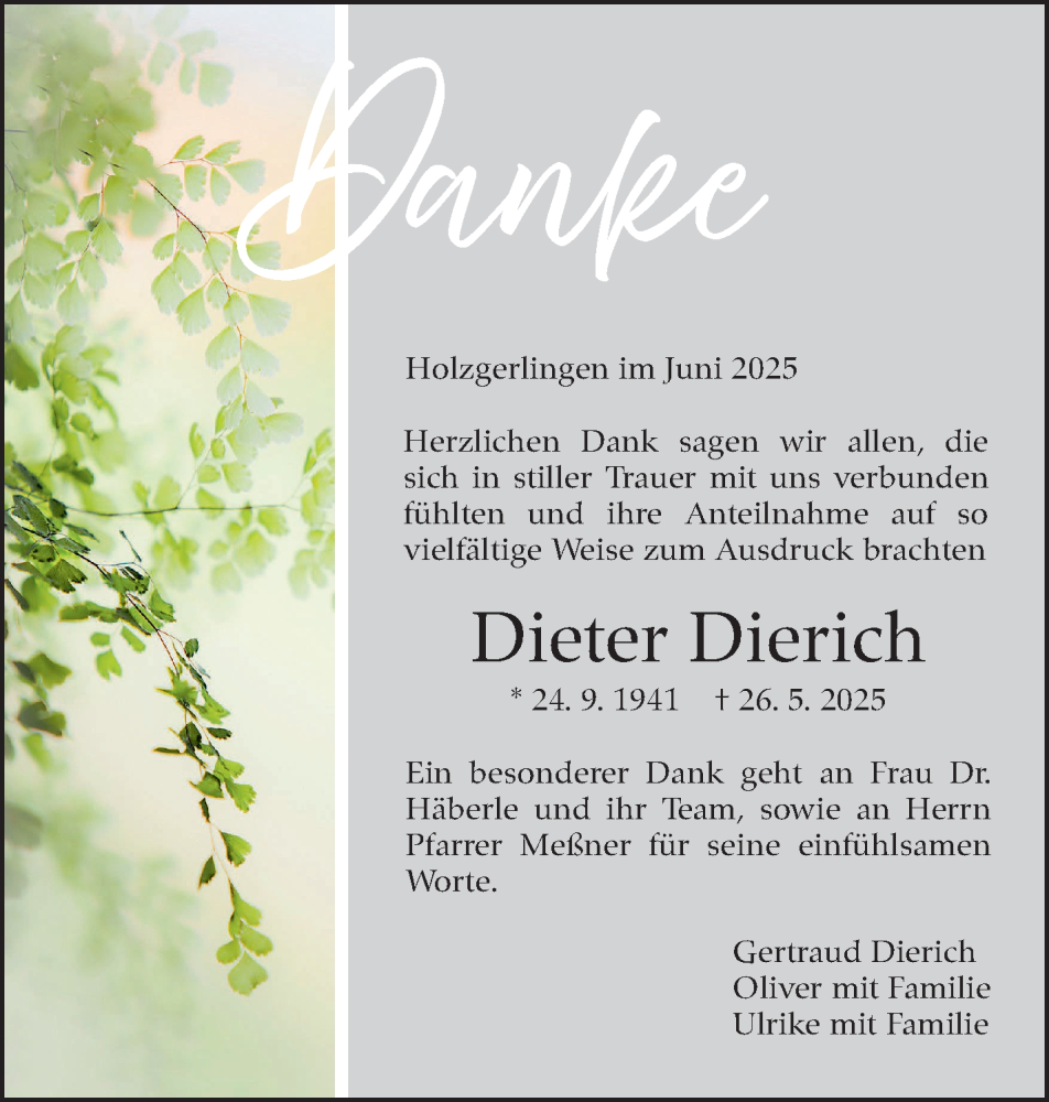  Traueranzeige für Dieter Dierich vom 18.06.2025 aus Kreiszeitung Böblinger Bote