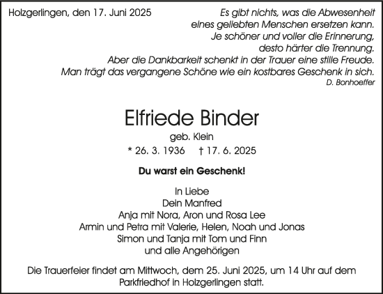Traueranzeige von Elfriede Binder von Kreiszeitung Böblinger Bote