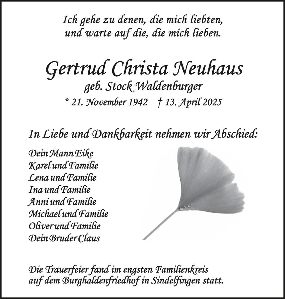  Traueranzeige für Gertrud Christa Neuhaus vom 26.05.2025 aus Kreiszeitung Böblinger Bote