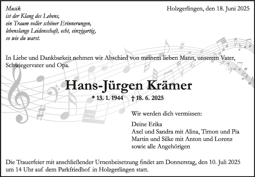  Traueranzeige für Hans-Jürgen Krämer vom 27.06.2025 aus Kreiszeitung Böblinger Bote
