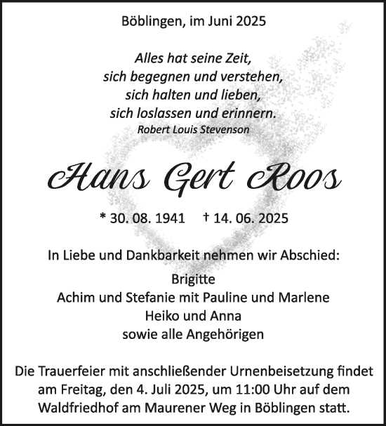 Traueranzeige von Hans Gert Roos von Kreiszeitung Böblinger Bote