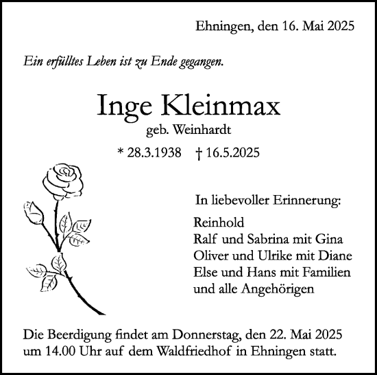 Traueranzeige von Inge Kleinmax von Kreiszeitung Böblinger Bote