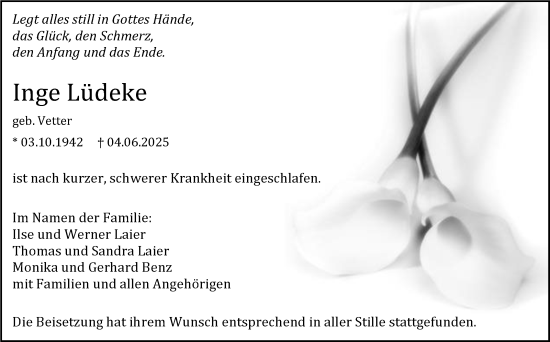 Traueranzeige von Inge Lüdeke von Kreiszeitung Böblinger Bote