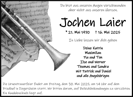 Traueranzeige von Jochen Laier von Kreiszeitung Böblinger Bote