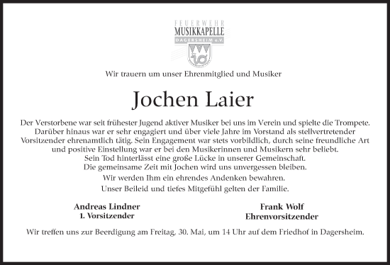 Traueranzeige von Jochen Laier von Kreiszeitung Böblinger Bote