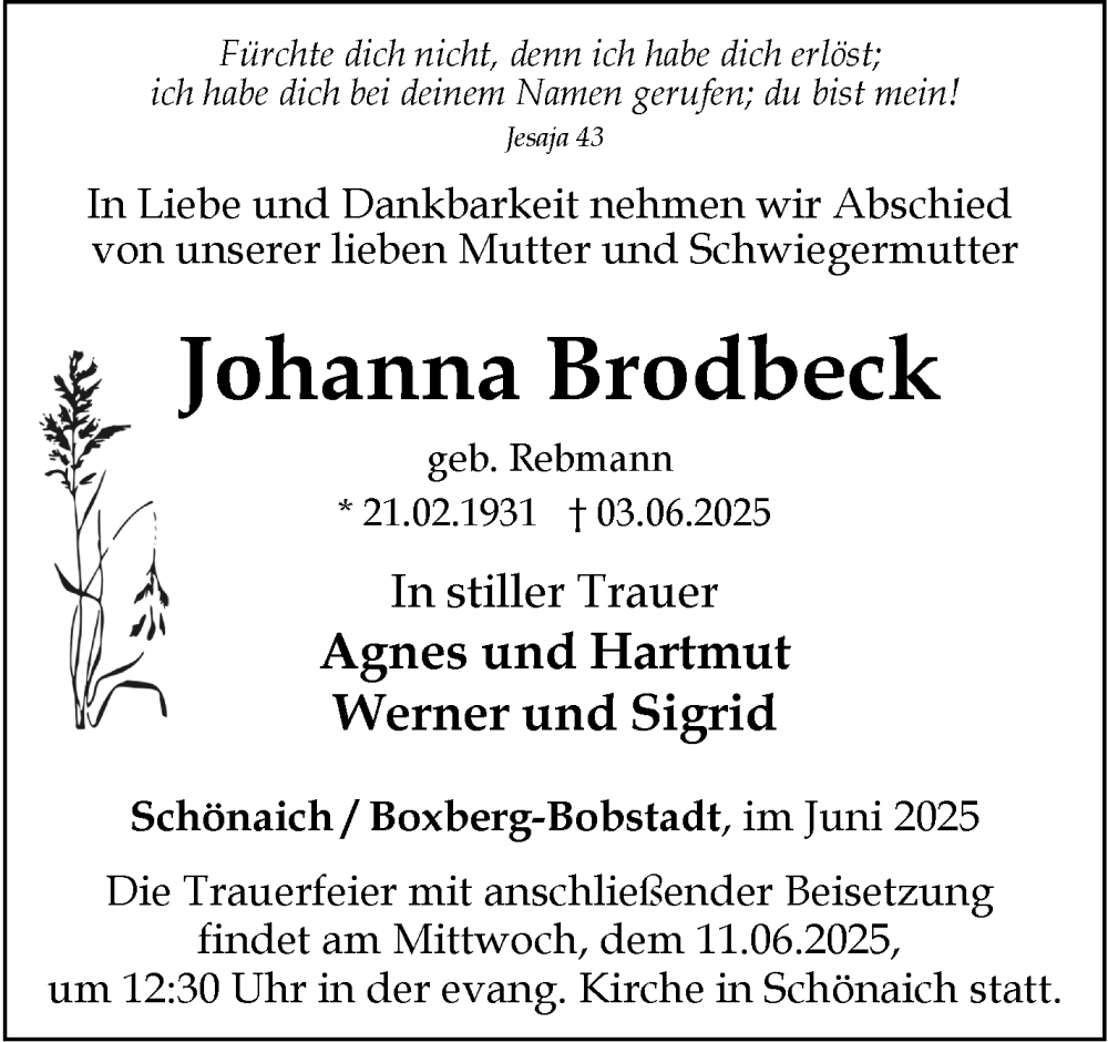  Traueranzeige für Johanna Brodbeck vom 10.06.2025 aus Kreiszeitung Böblinger Bote