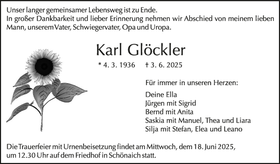Traueranzeige von Karl Glöckler von Kreiszeitung Böblinger Bote