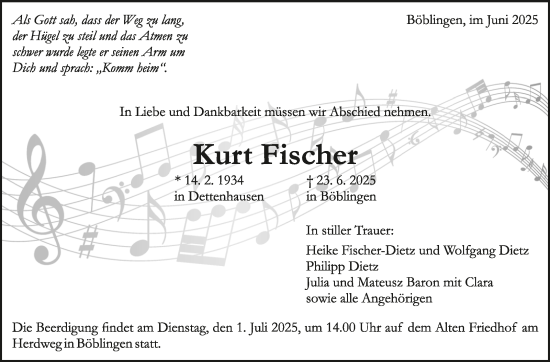 Traueranzeige von Kurt Fischer von Kreiszeitung Böblinger Bote