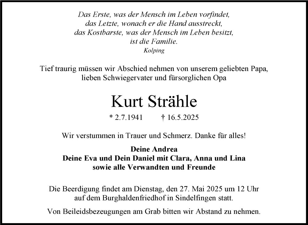  Traueranzeige für Kurt Strähle vom 24.05.2025 aus Kreiszeitung Böblinger Bote