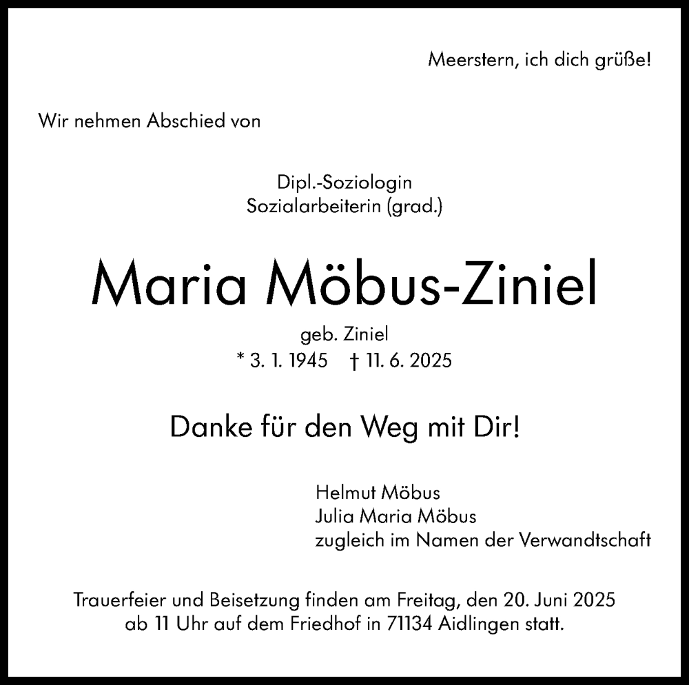  Traueranzeige für Maria Möbus-Ziniel vom 16.06.2025 aus Kreiszeitung Böblinger Bote