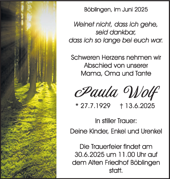 Traueranzeige von Paula Wolf von Kreiszeitung Böblinger Bote