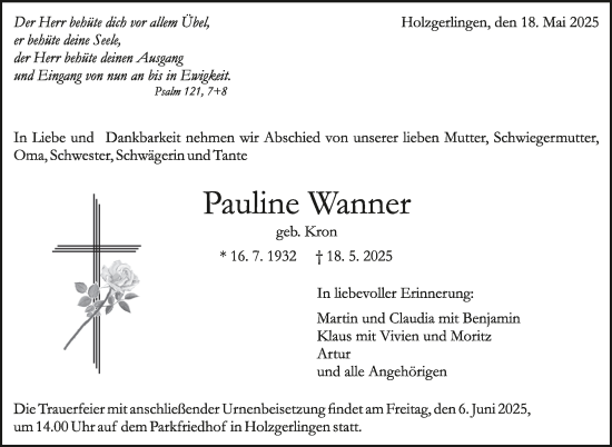 Traueranzeige von Pauline Wanner von Kreiszeitung Böblinger Bote