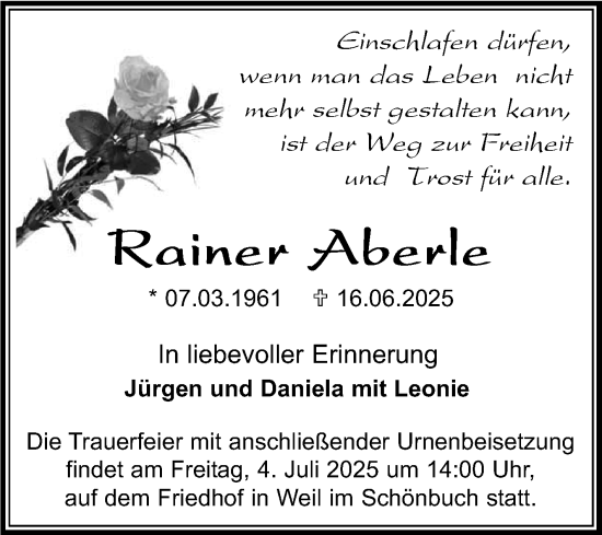 Traueranzeige von Rainer Aberle von Kreiszeitung Böblinger Bote