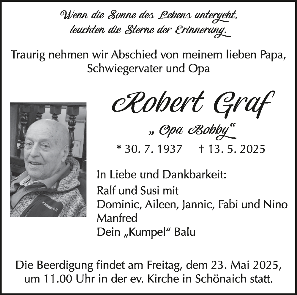  Traueranzeige für Robert Graf vom 21.05.2025 aus Kreiszeitung Böblinger Bote