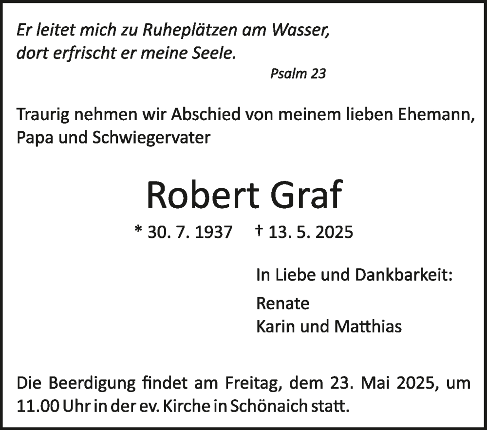  Traueranzeige für Robert Graf vom 21.05.2025 aus Kreiszeitung Böblinger Bote