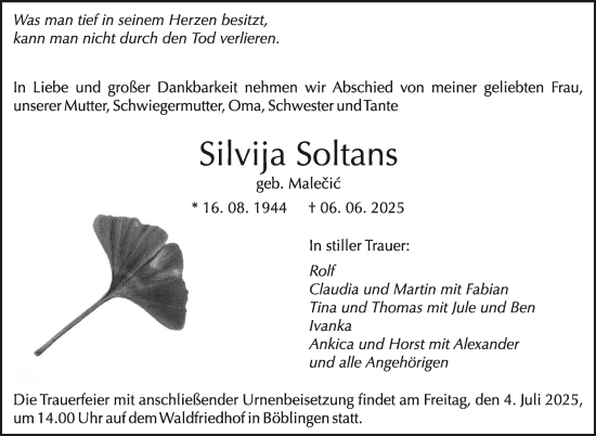 Traueranzeige von Silvija Soltans von Kreiszeitung Böblinger Bote