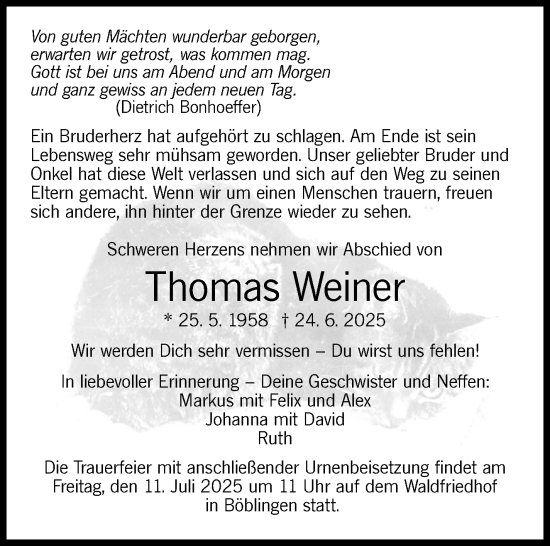 Traueranzeige von Thomas Weiner von Kreiszeitung Böblinger Bote