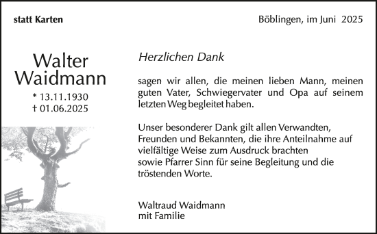 Traueranzeige von Walter Waidmann von Kreiszeitung Böblinger Bote
