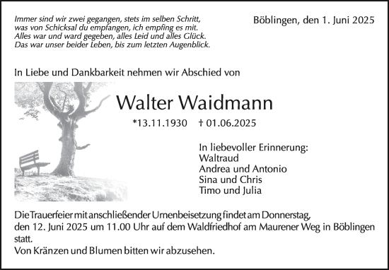Traueranzeige von Walter Waidmann von Kreiszeitung Böblinger Bote