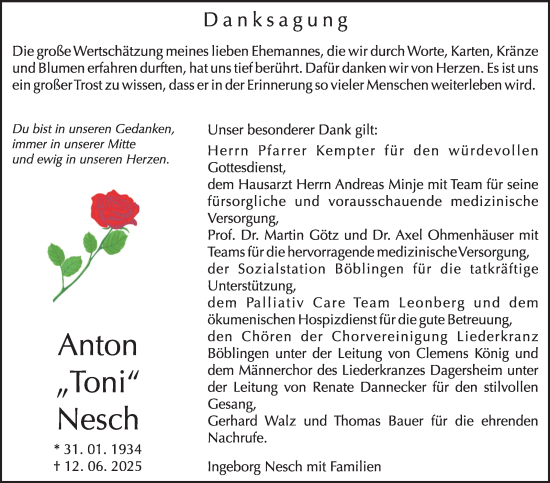 Traueranzeige von Anton Nesch von Kreiszeitung Böblinger Bote