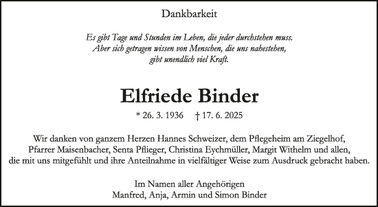 Traueranzeige von Elfriede Binder von Kreiszeitung Böblinger Bote
