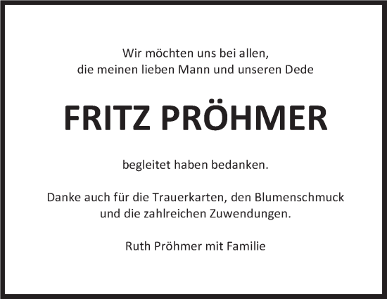 Traueranzeige von Fritz Pröhmer von Kreiszeitung Böblinger Bote