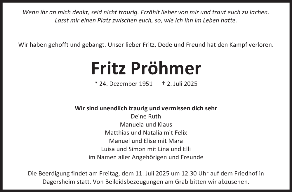  Traueranzeige für Fritz Pröhmer vom 10.07.2025 aus Kreiszeitung Böblinger Bote