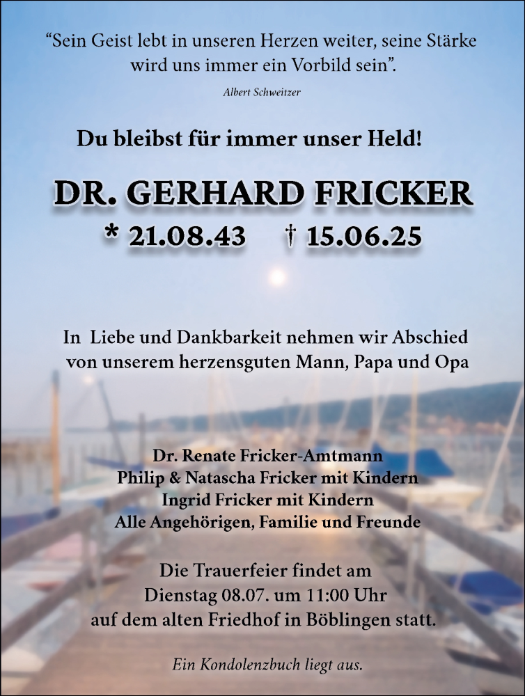  Traueranzeige für Gerhard Fricker vom 01.07.2025 aus Kreiszeitung Böblinger Bote