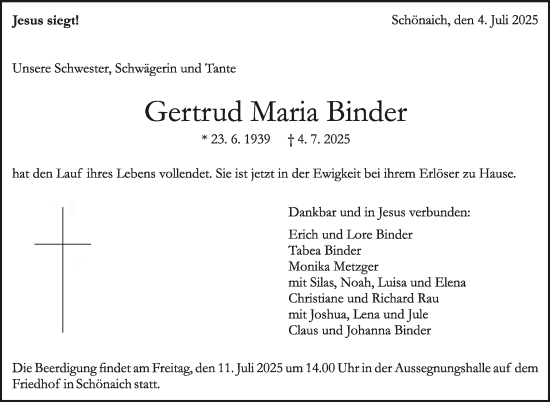 Traueranzeige von Gertrud Maria Binder von Kreiszeitung Böblinger Bote