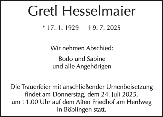 Traueranzeige von Gretl Hesselmaier von Kreiszeitung Böblinger Bote