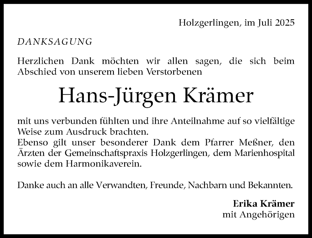  Traueranzeige für Hans-Jürgen Krämer vom 29.07.2025 aus Kreiszeitung Böblinger Bote