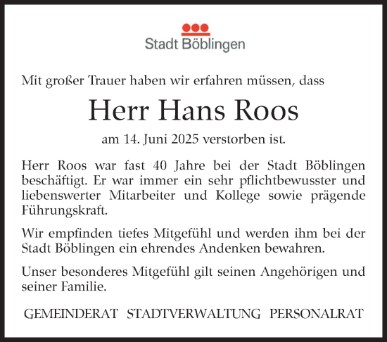 Traueranzeige von Hans Roos von Kreiszeitung Böblinger Bote