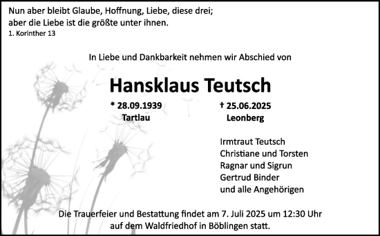 Traueranzeige von Hansklaus Teutsch von Kreiszeitung Böblinger Bote