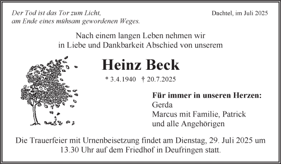 Traueranzeige von Heinz Beck von Kreiszeitung Böblinger Bote