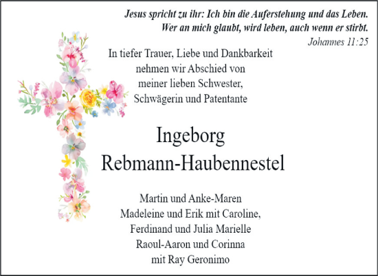 Traueranzeige von Ingeborg Rebmann-Haubennestel von Kreiszeitung Böblinger Bote