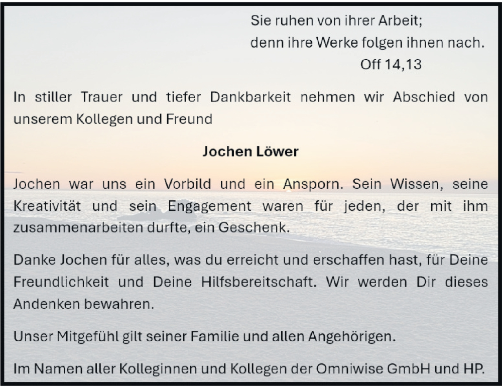  Traueranzeige für Jochen Löwer vom 07.07.2025 aus Kreiszeitung Böblinger Bote