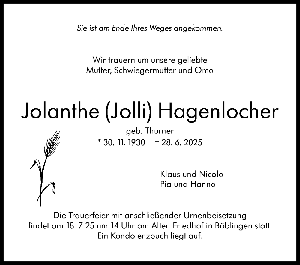  Traueranzeige für Jolanthe Hagenlocher vom 11.07.2025 aus Kreiszeitung Böblinger Bote
