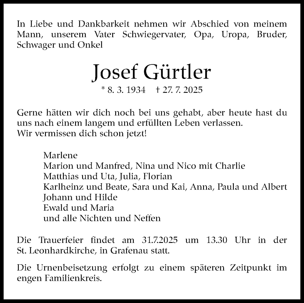  Traueranzeige für Josef Gürtler vom 30.07.2025 aus Kreiszeitung Böblinger Bote