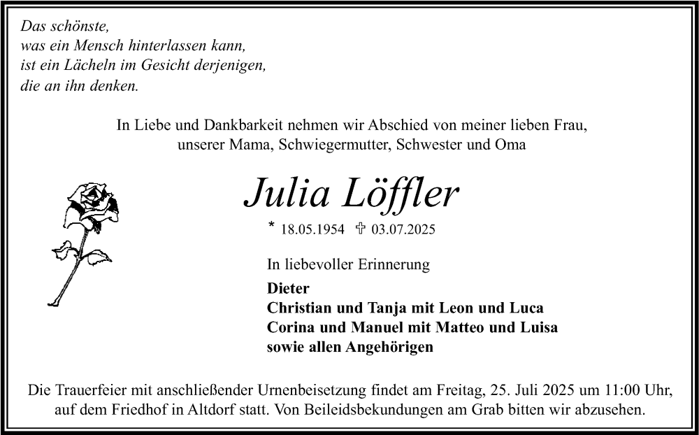  Traueranzeige für Julia Löffler vom 18.07.2025 aus Kreiszeitung Böblinger Bote
