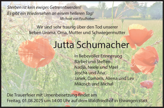 Traueranzeige von Jutta Schumacher von Kreiszeitung Böblinger Bote