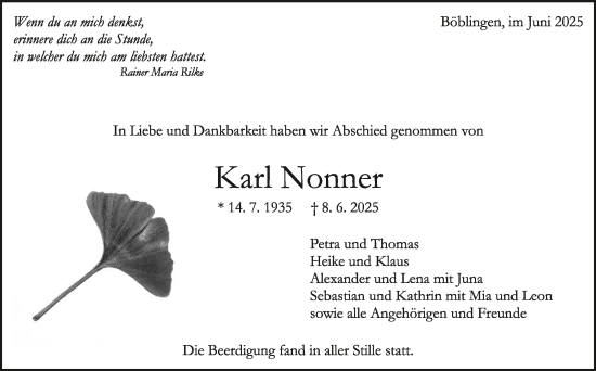 Traueranzeige von Karl Nonner von Kreiszeitung Böblinger Bote