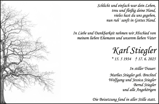 Traueranzeige von Karl Stiegler von Kreiszeitung Böblinger Bote