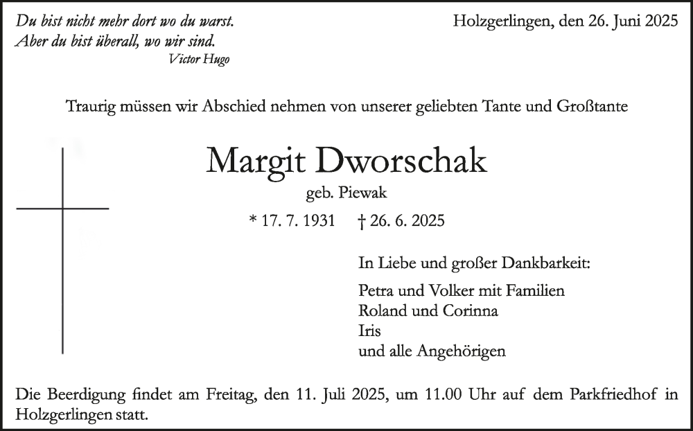  Traueranzeige für Margit Dworschak vom 04.07.2025 aus Kreiszeitung Böblinger Bote